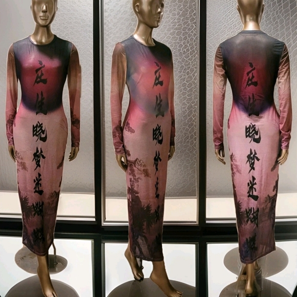 NWT Round Collar Oriental Text Print Mesh Bodycon Midi Dress Sz M - Picture 10 of 16